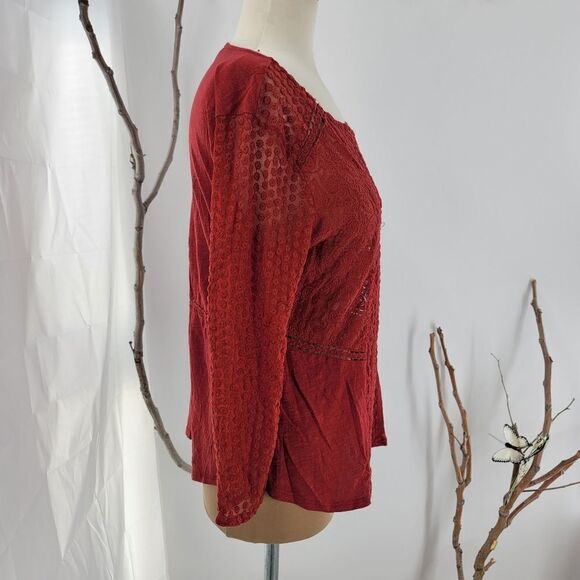 Lucky brand brick red boho top with semi sheer panels - Picture 3 of 12